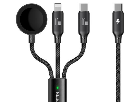 Mcdodo CA-4940 3 in 1 Charging Cable USB Type-C to Type-C + Lighting Series PD + Apple Watch Wireless Charger, 1.2m - Black